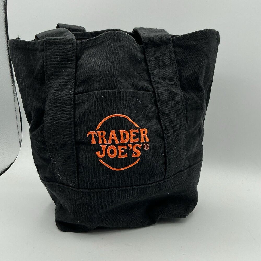 Trader Joe’s Black Canvas Tote Bag Orange Logo Reusable Grocery Carry